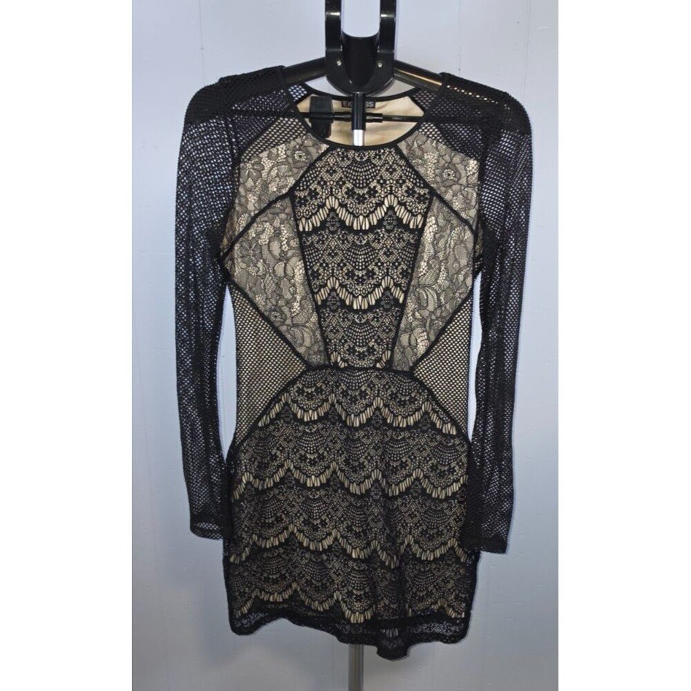 Express Black Fishnet Crochet Look Black Beige Dress Size Medium M